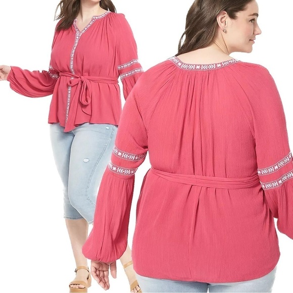 Nwt Lane Bryant Long-Sleeve Belted Peasant Blouse (K96.9) - Picture 2 of 4